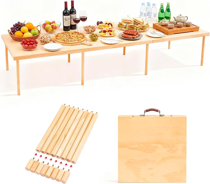 Leinuosen 90"x30" Boho Wooden Picnic Table, Portable Folding Outdoor Low Picnic Table with Adjustable Legs Height 13'' & 16'' for Floor Seating, Beach, Camping, BBQ, Backyard, Seating for 8-10 People