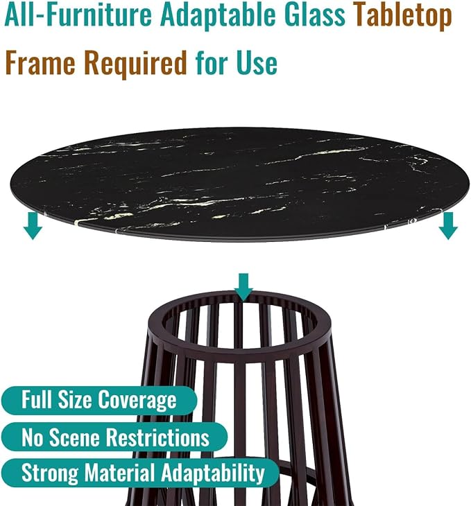 24 Inch Round Black Marble Glass Table Top, 8mm Thick Tempered Glass Tabletop for Dining Tables, Coffee Tables, Patio Tables