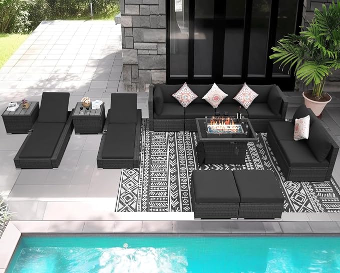 NICESOUL 13 Piece Patio Sectional w/Fire Pit, Modular Wicker Outdoor Couch w/Chaise Lounge, Large Size 29.3'' High-Back Deep Conversation Seating, All-Weather Backyard Movie Furniture, Dark Grey
