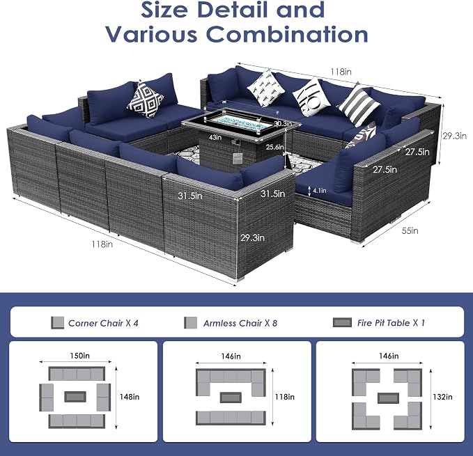 BULEXYARD 13 Piece High Back Outdoor Furniture Sets with Fire Pit, Luxury Patio Sectional Couch Sofa 12-Seater Modular, Comfortable Extra Large Wide Deep Backyard Seating Conversation Set, Grey & Blue