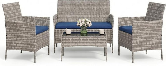 GAOMON 4-Piece Outdoor Conversation Set, PE Rattan Wicker Patio Furniture Set with Cushions, Loveseat and 2 Armchairs, Tempered Glass Coffee Table, Gray