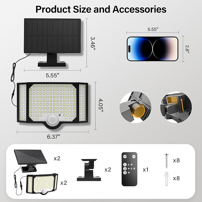 Solar Flood Lights Outdoor with Motion Sensor 3 Modes, 1 Pack | 182 Leds Solar Motion Lights, 3 Head 270° Wide Angle, IP65 Waterproof Security Lights with 16.4FT Cable for Patio Yard Garage