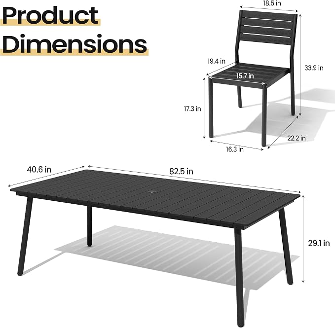 9-Piece Outdoor Dining Set for 8 Person with Black Wood-Grain Top | Armless Stackable Chairs with 19.4" Seat Depth, Aluminum Frame Dining Furniture with Umbrella Hole for Deck, Porch & Backyard