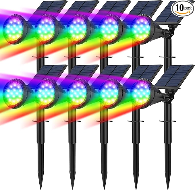 Solar Spot Lights Outdoor Color Changing, 7 Modes/14 LED Outdoor Solar Lights for Yard, Waterproof RGB Multicolor Solar Landscape Spotlights Auto On/Off for Flood, Yard, Tree, Pathway, 10 Pack