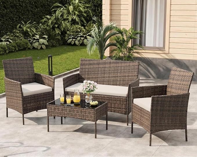 Outdoor Patio Furniture Set, 4-Piece PE Rattan Wicker Chair Set with Cushions and Tempered Glass Table for Backyard, Porch, Garden, Poolside, Balcony, Brown/Beige
