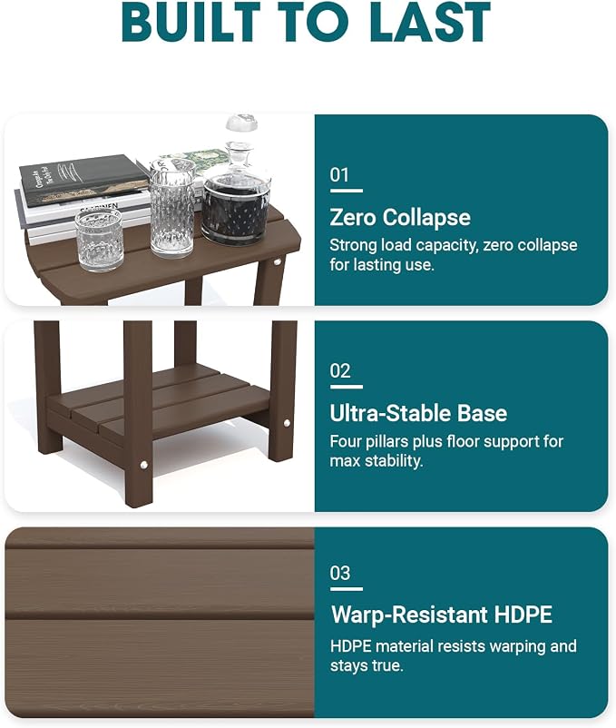 THOEOE Adirondack Outdoor Side Table, 2-Tier Sturdy Patio End Table Weather Resistant, Morden Side Table for Patio, Pool, Porch, Brown