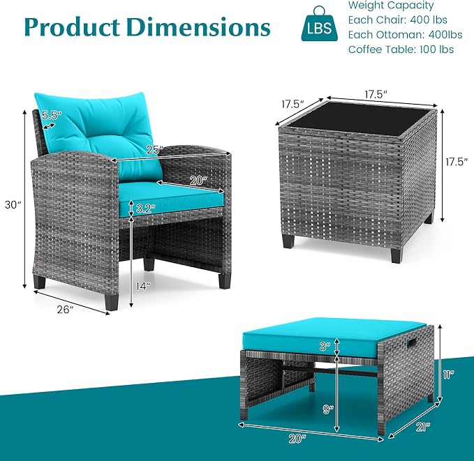 COSTWAY 5-Piece Rattan Conversation Set, Outdoor Wicker Sofa, Tempered Glass Coffee Table & Ottomans for Small Space, Boho Chic Indoor/Outdoor Furniture Set for Poolside, Backyard, Deck (Turquoise)