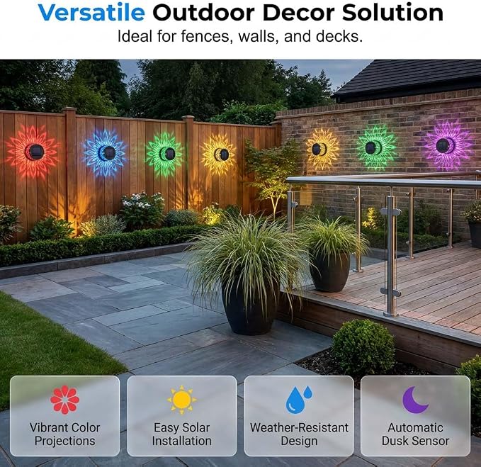 Decorative Solar Mandala Lights, Metal Solar Powered Outdoor Wall Lights Solar Powered Deck Step Stair Light, Waterproof Mandalas Fence Light for Garden Yard Backyard Post Patio Decor (4, Flower)