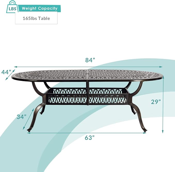 MEETWARM 84"x44" Cast Aluminum Patio Dining Table, Weather-Resistant Large Outdoor Dining Table for 8 Person, Patio Furniture Oval Table with Umbrella Hole and Adjustable Foot Pads, Dark Bronze