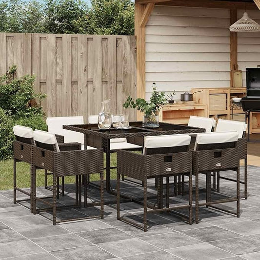 9 Piece Brown Patio Dining Set with Cushions Poly Rattan Outdoor Table and 8 Chairs Space-Saving Folding Backrest Tempered Glass Top for Garden Backyard Relaxation