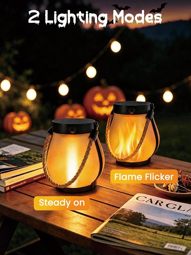 Solar Lights Outdoor Waterproof 4 Pack Solar Flame Lanterns Halloween Decor | IP65 Waterproof, Dual Charging USB & Solar, Steady on and Flickering Flame Modes, Auto On/Off, Tree Patio Horror Decor
