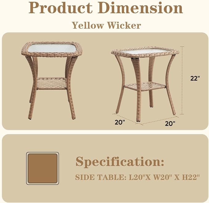 Small Outdoor Side Table - 50 LBS Weight Capacity Wicker Side Table with Storage, Tempered Glass Top Patio Side Table for Porch Balcony Deck Garden - Yellow