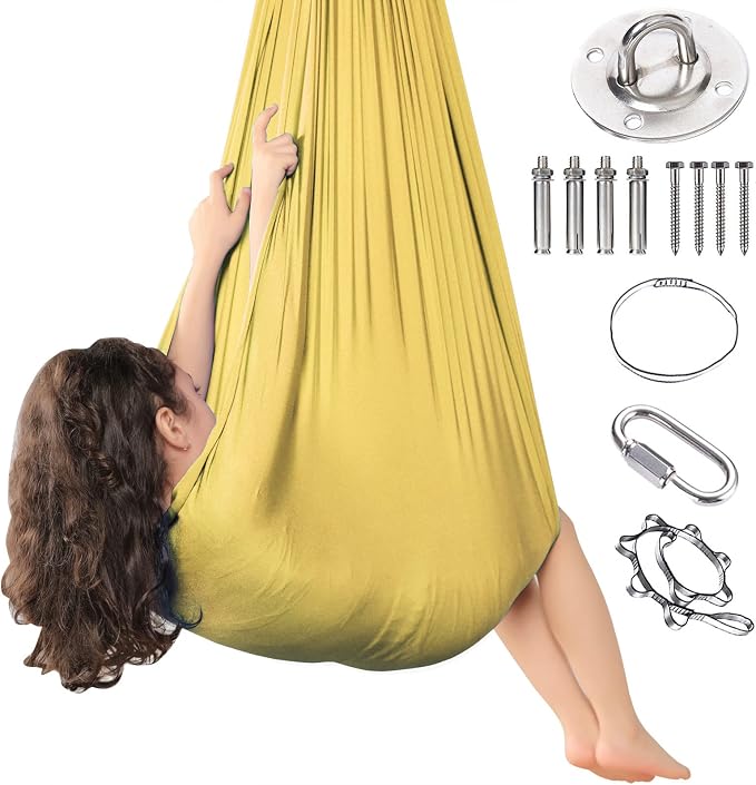 Kids Sensory Therapy Swing Hammock Children's Swing Hammock Indoor Elastic Cuddle Pod Swing for Autism Boys Girls with ADHD SPD Asperger's Sensory Integration Special Needs (Gold)