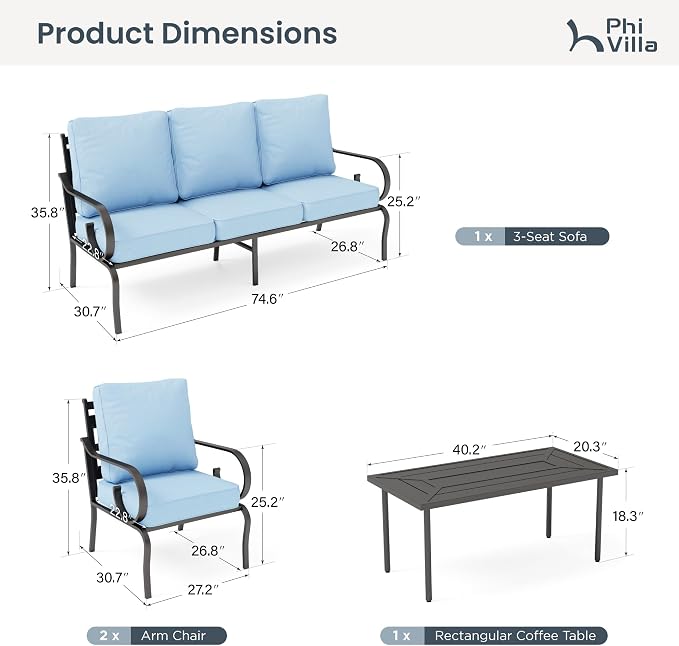 PHI VILLA Patio Furniture Set, 3-Seater Sofa, 2 Fixed Chairs and a Coffee Table, Outdoor Metal Conversation Set with 5.75" Extra Thick Cushion for Garden Backyard Deck, Blue