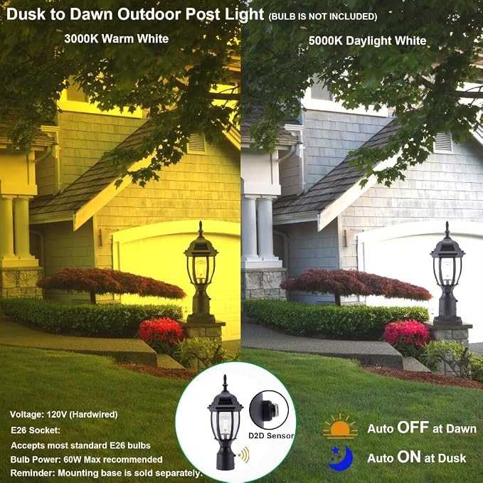Outdoor Post Light Dusk to Dawn, Rustproof Aluminum, Black | Exterior Lamp Post Light Fixture for Garden, Yard, Pathway, Waterproof, Glass, E26 Base, Max 60W