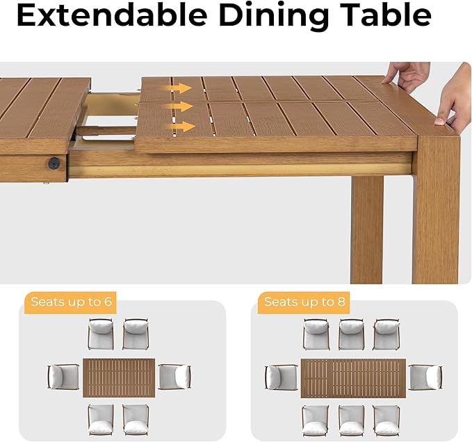HAPPATIO Expandable Aluminum Outdoor Dining Table,Wood-Like Aluminum Rectangular Table for 4-8 Person,Large Rectangular Table with Safe Lock for Patio, Deck, Backyard, Porch