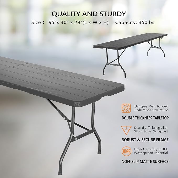 VINGLI 8 Foot Plastic Folding Table Portable Long Table for Indoor Outdoor Use Rectangular with Carrying Handle, Black