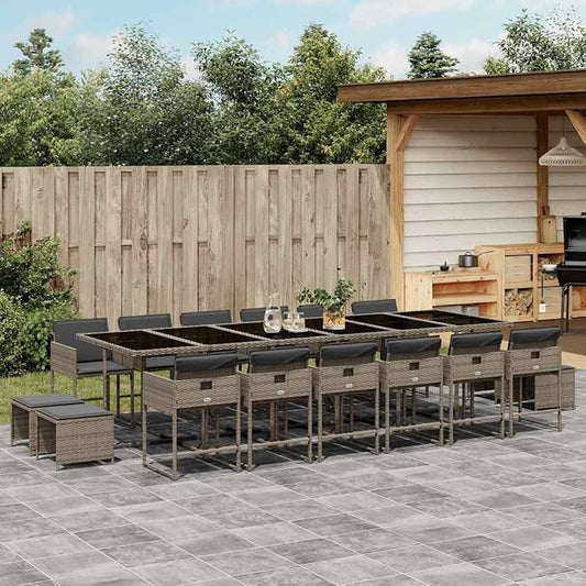 17 Piece Patio Dining Set, Outdoor PE Rattan Furniture for Garden, Backyard, and Patio, 16-Seater Table and Chair Cube Seating with Comfortable Cushions, Grey