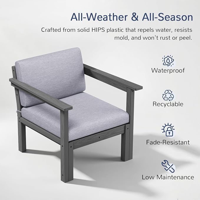Stoog Modular Armchair with Removable Arms - HIPS Frame & Deep Seat Waterproof Patio Chair for Sectional, Grey