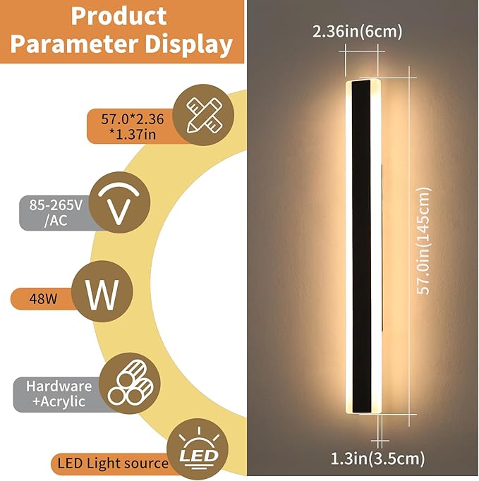 57inch Modern Long Outdoor Wall Lights, 3000K-6000K Dimmable Linear Wall Sconce, IP65 Waterproof, Black Exterior Lighting Fixture for House, Patio, Garden, Yard, House with Remote Control