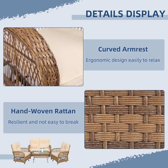 4-Piece Wicker Patio Furniture Sets Outdoor All-Weather Rattan Conversation Set Includes Glider Loveseat, Glass-Top Coffee Table, 2 Glider Rocker Chairs with Thickened Cushions