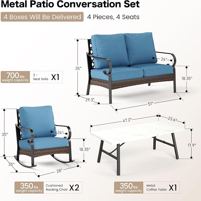 SUNSHINE VALLEY 4 Piece Metal Outdoor Patio Furniture Sets, Patio Conversation Sets with 5.75" Thick Cushion, Patio Loveseat and Rocking Chair wth Coffee Table, Balck Backyard Furniture, Denim Blue