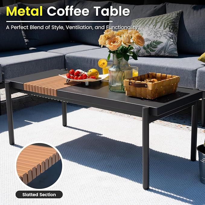 Sundale Outdoor Modern Metal Outdoor Coffee Table with Slatted Wood-Look Tabletop Design, Weather-Resistant Patio Side Table for Garden, Balcony, Poolside(Gray)