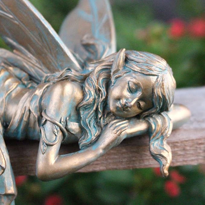 Vintage Bronze Sleeping Fairy Statue Outdoor Garden Decor, 6.1" Resin Angel Figurine Home Shelf Sitter Yard Art Sculpture for Patio Lawn Porch Ornaments