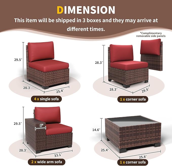 Outdoor Patio Furniture Set, 8‘’ Wide armrest Outdoor Sectional Rattan Sofa Set, Wicker Patio Furniture Sets w/Coffee Table,Thick Cushions and Cover for Porch, Balcony,Deck,8 PCS (Brown&Wine)