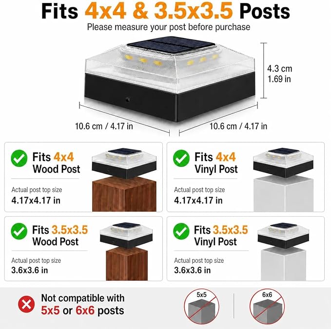 4x4 Solar Post Cap Lights Outdoor 6 Pack, 3 Color Modes/Dusk to Dawn/IP65 Waterproof, Fits 4x4 Vinyl/PVC Wood Posts Top, Black LED Fence Topper Light for Deck, Porch, Backyard