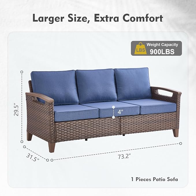 Rilyson Luxury Wicker Outdoor Couch Patio Sofa, 3 Seater Rattan Patio Couch Water Resistant,Comfortable Cushions and Sturdy Metal Frame for Outside Porch Deck Backyard, Brown/Blue