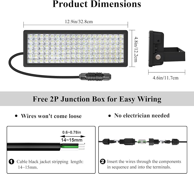 Kekeou 200W LED Stadium Light, 100W 2-Pack 28000LM 5000K LED Flood Light | IP67 Waterproof, AC 85-305V, 10KV surge. with 2-Way Junction Box, 180° adjustable bracket for Warehouse, Generator Compatible