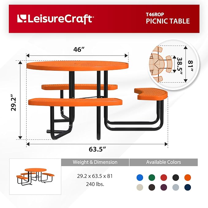 Leisure Craft Metal Picnic Table with Bench - 46" Round Outdoor Dining Table with Umbrella Hole, Heavy Duty Thermoplastic Coating, ADA Compliant, Commercial Grade Furniture Made in USA - Orange