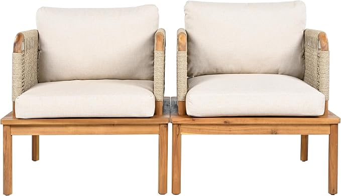 JIVOIT Outdoor Armchair Set of 2, Acacia Wood and Rope Club Chair with Cushions, Mid Century Design Comfortable Single Armchair for Backyard Porch Garden Balcony