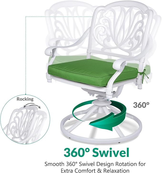 VIVIJASON 7-Piece Outdoor Furniture Dining Set, All-Weather Cast Aluminum Conversation Set Includes 6 Swivel Dining Chairs and a Rectangle Table with Umbrella Hole for Patio Garden Deck, White