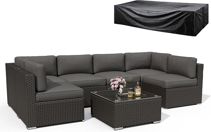 8 Pieces Outdoor Patio Furniture Set with Waterproof Cover, Black Brown Wicker Patio Sectional Sofa Set, Outdoor Couch with Cushion and Tempered Glass Table, Grey