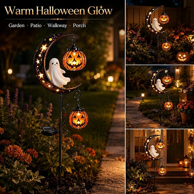Solar Halloween White Ghost & Pumpkin Moon Garden Stake Light, Outdoor Waterproof LED Yard Decoration with Crescent Moon, Hanging Jack-o'-Lantern Lantern for Garden, Patio, Walkway, Porch(Style D)