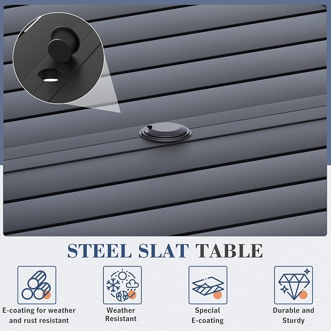 HOMREST 63"x38" Black Patio Outdoor Dining Table Metal Steel Slat Rectangular Bistro Table for Porch Deck Garden Backyard Poolside, 1.6" Umbrella Hole