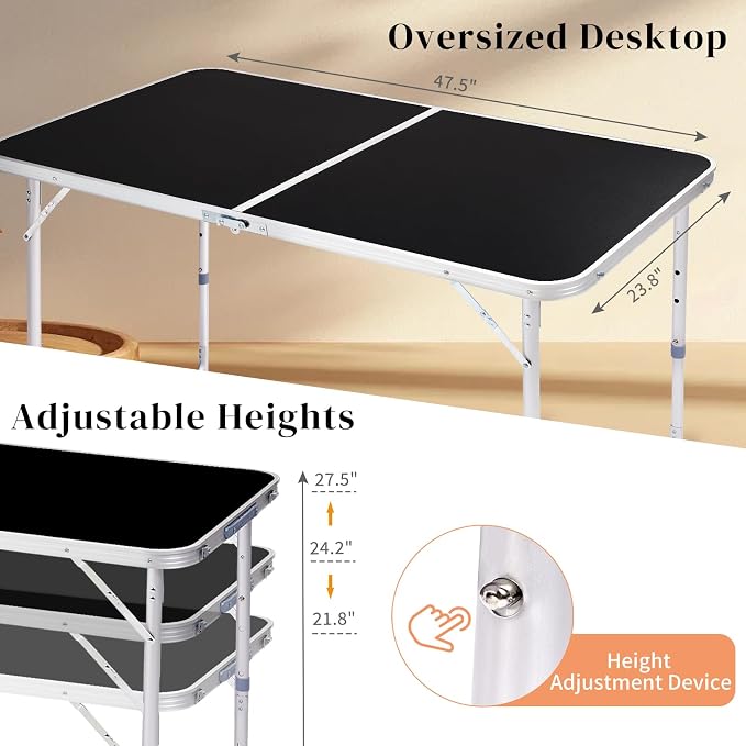 4Ft Folding Table, Portable Aluminum Camping Table with Adjustable Height, Lightweight Foldable Camp Table for Outdoor Picnic BBQ Beach, Black