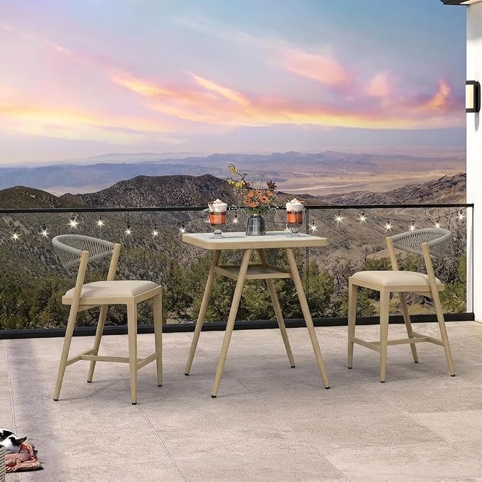 PURPLE LEAF Counter Height Bar Aluminum Table with Shelve for Indoor and Outdoor Garden Natural Wood Grain