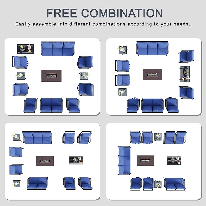 12 Pieces Patio Furniture Set, Metal Outdoor Conversation Sets with Fire Pit Table and Swivel Chairs for Backyard Garden Deck Porch Poolside (Thick Blue Cushions)
