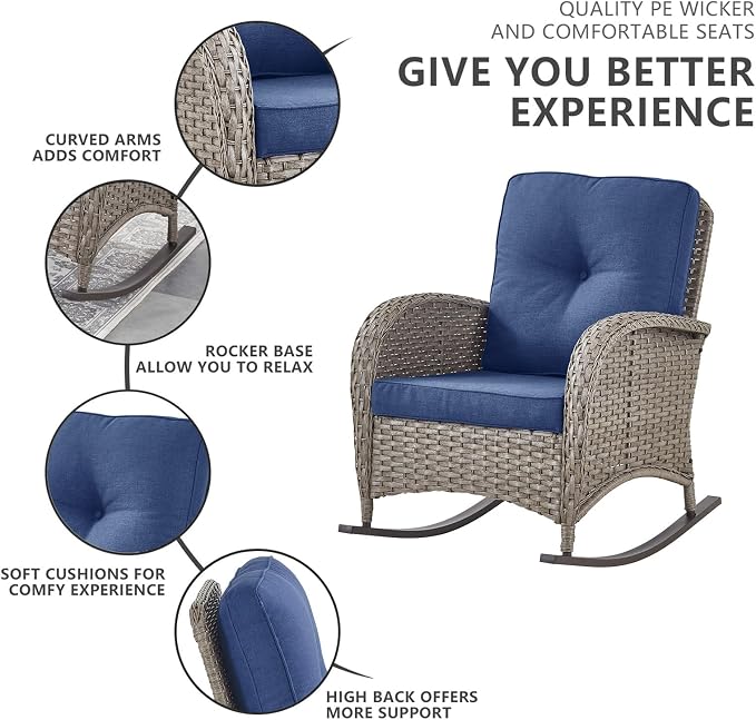 Belord 5 Piece Outdoor Conversation Patio Furniture Set - All-Weather Wicker Patio Rocking Chairs with Loveseat Glider Chair and Coffee Table for Patio Deck Porch Backyard Gray Wicker Blue Cushion
