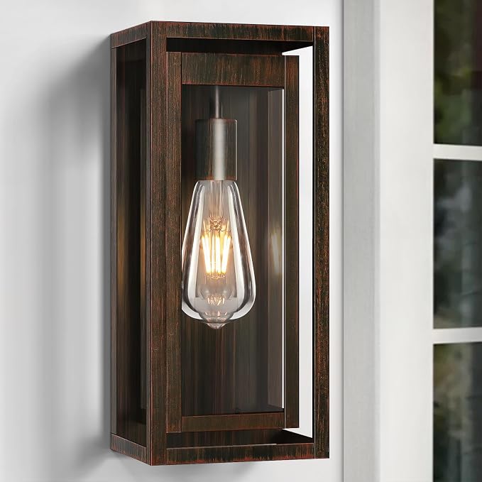 15" Large Outdoor Light Fixture Wall Mount, 2 Pack Distressed Brown Outdoor Sconce Lights, Modern Waterproof Exterior Porch Lights with Clear Glass Shade for Front Door, Garage