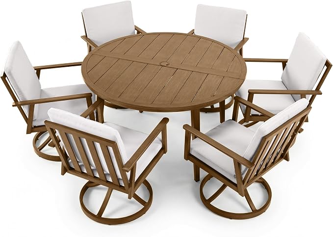 51" Round Outdoor Dining Table Set, 7-Piece Aluminum Round Outdoor Table with 6 Swivel Chairs, Faux Wood Grain Patio Table with Umbrella Hole for Garden, Backyard, Poolside, Teak