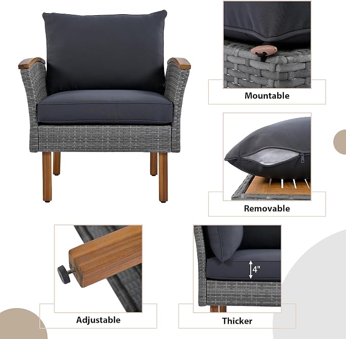 9 Piece Patio Furniture Set, Outdoor Conversation Set with Acacia Wood Legs and Tabletop,All Weather PE Rattan Sectional Sofa Set with Coffee Table, Washable Cushion, Grey