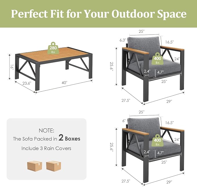 INGEROOM Aluminum Outdoor Patio 2 PCS Armchair Set, Washable Thick Cushions, All-Weather Modern Metal Furniture for Garden, Backyard, Porch, Dark Gray