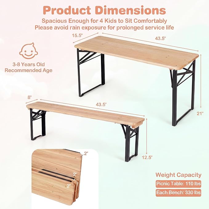 HONEY JOY Kids Picnic Table, 43.5 Inch Folding Toddler Outdoor Table & 2 Benches, Fir Wood Top & Metal Frame, No Assembly, Portable Easy to Store Camping Table and Chairs for Patio Backyard (Black)