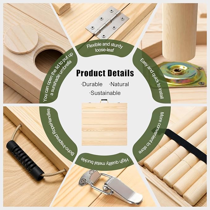 60" Folding Picnic Table with Table Runner & 6 Placemats, Solid Wood Portable Low Picnic Table for Seating 6, Wooden Foldable Table for Outdoor Camping, Beach, Boho Party, Patio (Natural)