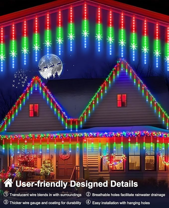 Christmas Lights Outdoor UL Certified Meteor Shower Light 16 Inch 20 Tubes 960 LED Falling Rain Drop Icicle Snow Cascading Lighting for Xmas Tree Wedding Party Garden Decoration, Colorful