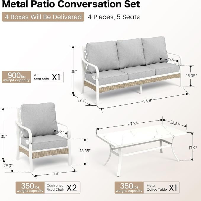 SUNSHINE VALLEY 4 Piece Metal Outdoor Patio Furniture Set, Patio Conversation Sets 1 3-Seater Sofa, 2 Single Sofa with 5.75" Extra Thick Cushion and Coffee Table, White Frame Backyard Furniture, Gray